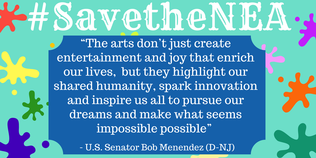 SenatorMenendez's tweet photo. Today for Arts Advocacy Day, I met with @artpridenj. I have always stood up for the arts and I don't plan to stop now. #SaveTheNEA https://t.co/MPRkzMa2er