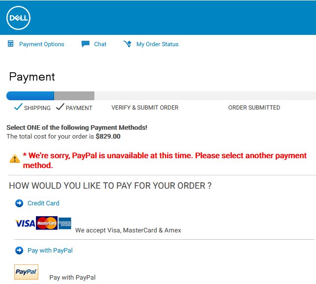 <a href="/Dell/">Dell</a> You have a problem with online payment by <a href="/PayPal/">PayPal</a>  I've tried many times over past week to order a laptop - keep getting this message