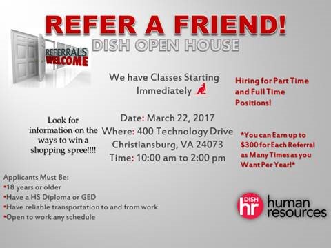 WorkatDISH's tweet photo. Tomorrow, DISH will be hosting an Open House between 10:00 AM-2:00 PM. Located at 400 Technology Drive, Christiansburg, VA 24073. https://t.co/pGBbOnP0Qq