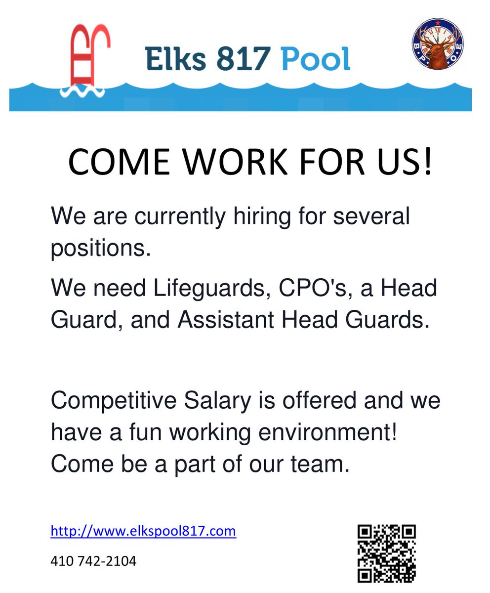 Elks817's tweet photo. Elks are hiring pool help for the spring... https://t.co/OkJDEVWKZv