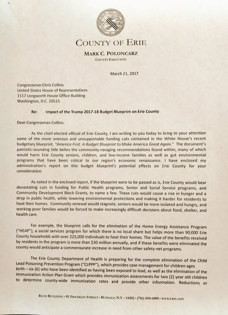 markpoloncarz's tweet photo. Copy of a letter being sent to all local Congressmen and our US Senators regarding how @POTUS's budget proposal would hurt Erie County: https://t.co/NPrqKaZdC4