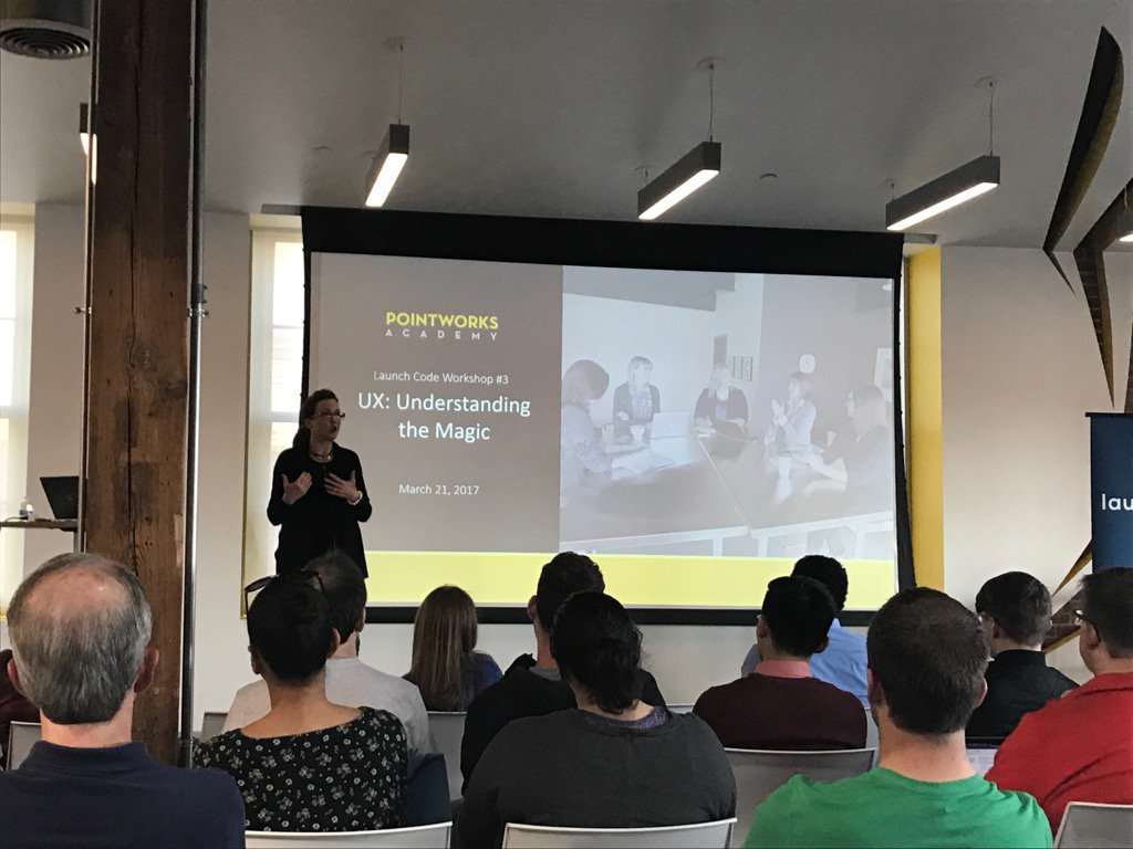 PointworksKC's tweet photo. Full house to hear @chryssullivan talk about the Magic of #UX @Launch_Code KC. https://t.co/dmn400oPWu