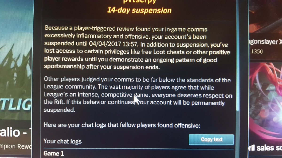 PrivateScrappy2's tweet photo. Got suspended for saying to bad words. 😂😂 i guess saying it to my friends and even saying jk after doesn't matte@LeagueOfLegends @riotgames https://t.co/P7oWvCDNcv