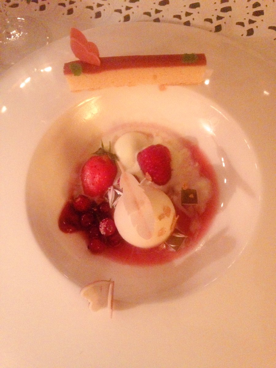 FranceintheUK's tweet photo. Soft-boiled almond egg, Gariguette strawberry consommé, green tea jelly with rose and verbena ice cream by Gilles Quillot #GoodFrance https://t.co/L789Fw9UFK