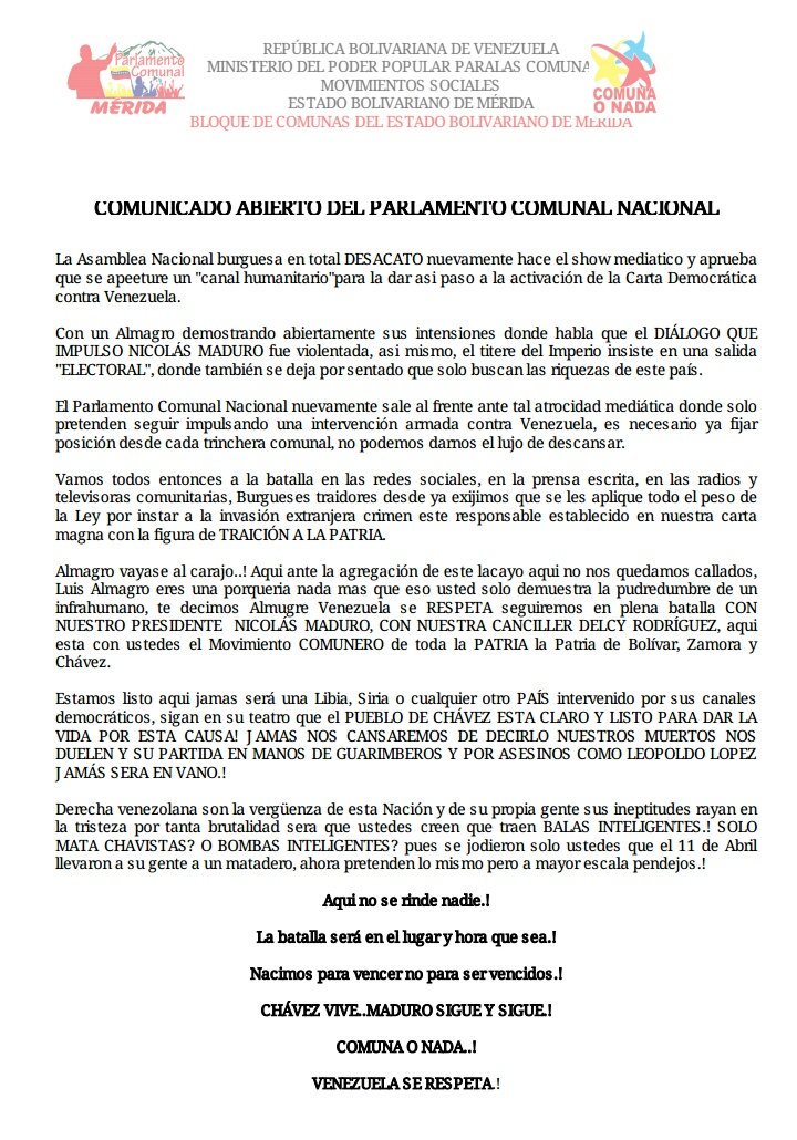 parcomunalmer's tweet photo. Comunicado Abierto Del Parlamento Comunal Nacional
en contra de la AN burguesa y su show mediático pretendiendo activar carta democratica https://t.co/anVcYSsNQm