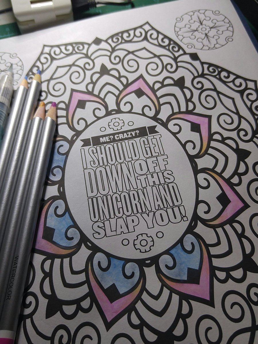 Back to playing with my <a href="/ilovecolore/">Colore Art</a> #watercolor  pencils and <a href="/PapeterieBleu/">Papeterie Bleu</a> #snarky #coloringbook 

#adultcoloring 
#arttherapy 
#unicorn