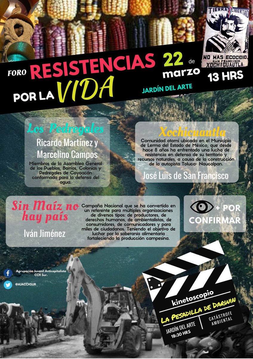 AJACCHSur's tweet photo. Foro: #ResistenciasPorLaVida mañana #22DeMarzo en #CCHSur #Xochicuautla #Pedregales #SinMaízNoHayPaís @LaIzqDiarioMX @LaCompaWendy https://t.co/9GMRXMqsY5