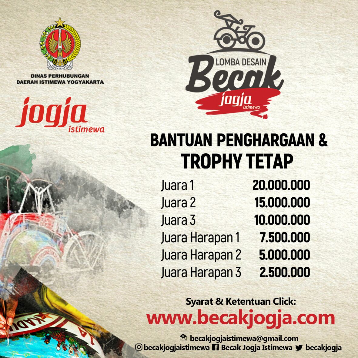 Lomba Desain Becak Jogja Istimewa 2017 | DL: 1/5/17 | Umum | HTM: Free | CP: 0274 518686 - <a href="/becakjogja_/">becakjogja</a>