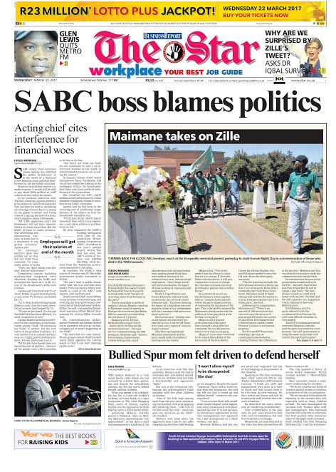 TheStar_news's tweet photo. In #TheStarNews today: #SABC boss blames politics for financial woes, mom speaks out on #SpurRow &amp; top DJ allegedly quits Metro FM. https://t.co/07toWhyHNn