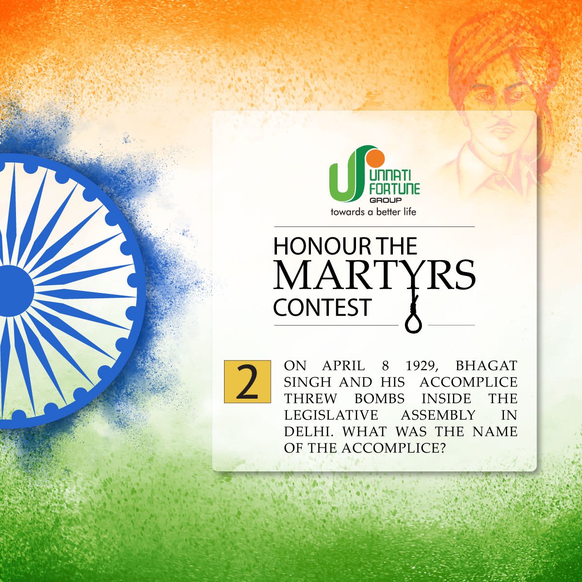 UFGRP's tweet photo. Question No. 2 #honourthemartyrs
Answer and get a chance to win a surprise gift from #UnnatiFortuneGroup https://t.co/sYbjLvtv7o