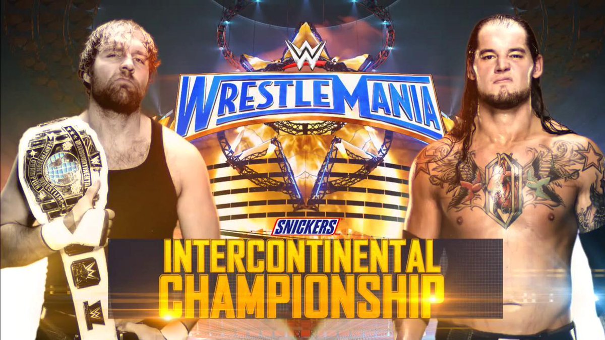 WrestleMania's tweet photo. IT'S OFFICIAL: @TheDeanAmbrose will defend his #ICTitle against The #LoneWolf @BaronCorbinWWE at #WrestleMania! #SDLive https://t.co/kFGe2ygbPr