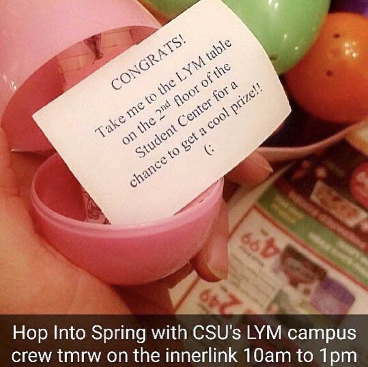 CSU_LYM's tweet image. Hop Into Spring with Love Your Melon! Come visit us on the 2nd floor of the student center tomorrow! We will be raffling off prizes! #lym