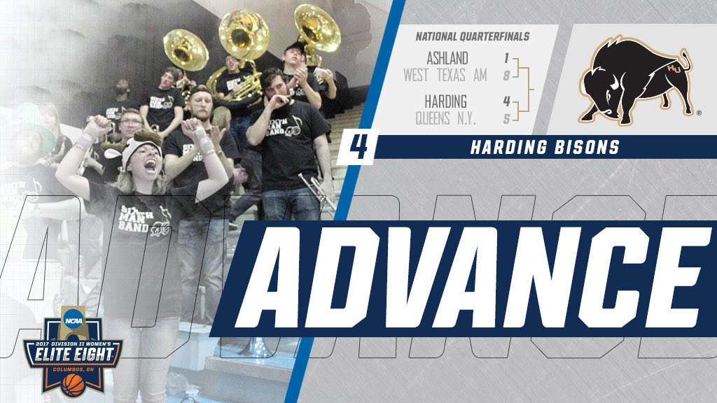 NCAADII's tweet image. BISONS ADVANCE! 4️⃣ Harding defeats 5️⃣ Queens (N.Y.) 73-69 and are on to the semifinals! #D2WBB #EliteEight 🏀