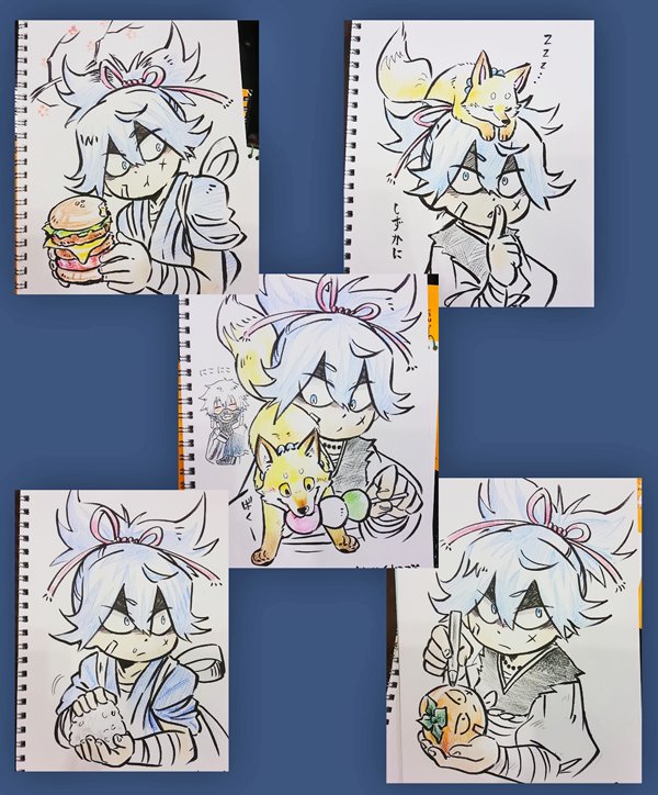 春コミで描かせて頂いた小夜さん色々。お腹空いてる時間帯に描くと問答無用で何か食べてる🍔🍡🍙
あとうろ覚えで描いた鳴狐さん、けっこういい線いったんじゃないかと自画自賛。 
