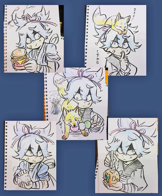 春コミで描かせて頂いた小夜さん色々。お腹空いてる時間帯に描くと問答無用で何か食べてる🍔🍡🍙
あとうろ覚えで描いた鳴狐さん、けっこういい線いったんじゃないかと自画自賛。 
