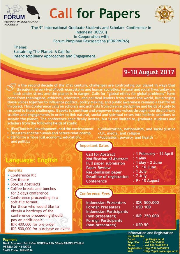 [Call for Papers]
For further information, please visit us at igsci.pasca.ugm.ac.id.