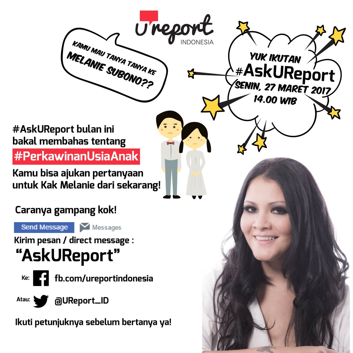 Di #AskUReport, km bs ajukan pertanyaan #PerkawinanUsiaAnak ke Kak <a href="/melaniesubono/">ATOR Protocolً</a>! Yuk ikuti caranya utk partisipasi #TemuRemaja #IniSuaraku