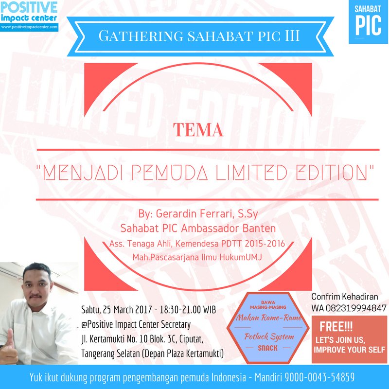 idpiccenter's tweet photo. #FREE LET'S JOIN, IMPROVE YOUR SELF 
GATHERING #SAHABATPIC III
"Menjadi Pemuda Limited Edition"
By Gerardin Ferrari, S.Sy https://t.co/j2TPwGARhb