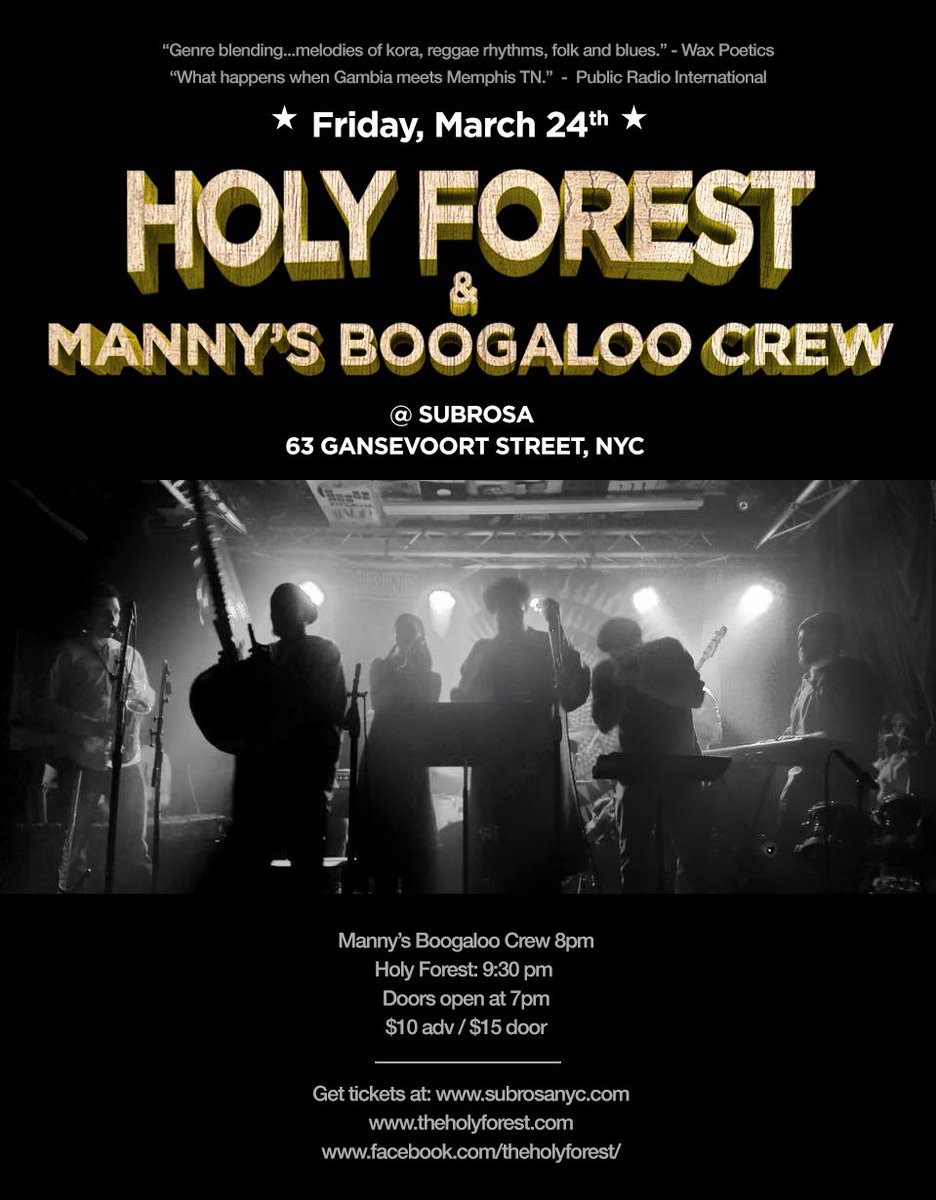 Benita_Charles's tweet photo. World class music on Friday (3/24/17): @The_Holy_Forest feat. @Preachermann1 @SubrosaNYC Showtime: 8 pm #concert #livemusic https://t.co/Tf1hncv4mr
