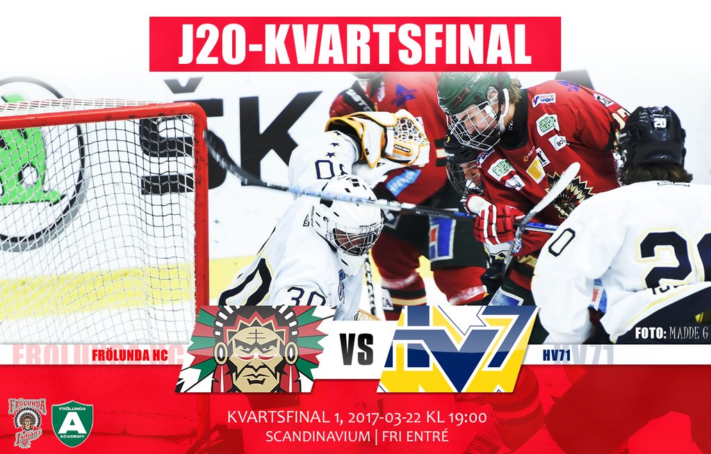 GAME DAY! J20 ställs mot HV71 i kvartsfinalen och första mötet spelas i Scandinavium i kväll kl 19:00. Fri entré!