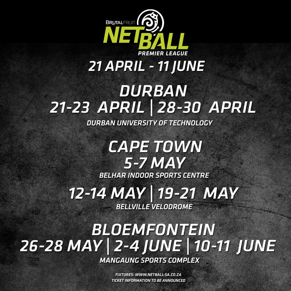 Netball_SA's tweet photo. #BFNPL VENUE ANNOUNCEMENT | 21 April - 11 June #Durban #CapeTown &amp; #Bloemfontein! Fixtures https://t.co/LJtCES4mCE https://t.co/4VRRNNsoTK