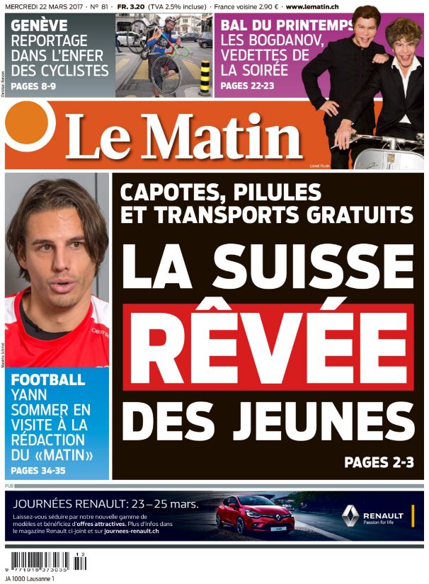 La Une du 22.03: mobilité, écologie &amp; contraception, en tête des préoccupations des 14-25 ans. <a href="/YannSommer1/">Yann Sommer</a> au Matin et les <a href="/FreresBogdanov/">Igor et Grichka</a>
