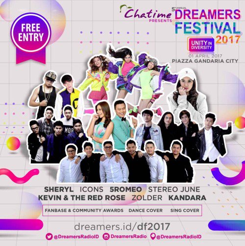 EventJakartaCom's tweet photo. DREAMERS FESTIVAL &amp; @ChatimeIndo w/ @sherylsheinafia @5RomeoID @Kevin_RedRose @icons_idn @stereojuneID 1Apr @ Gancit https://t.co/oRkbntvzhG