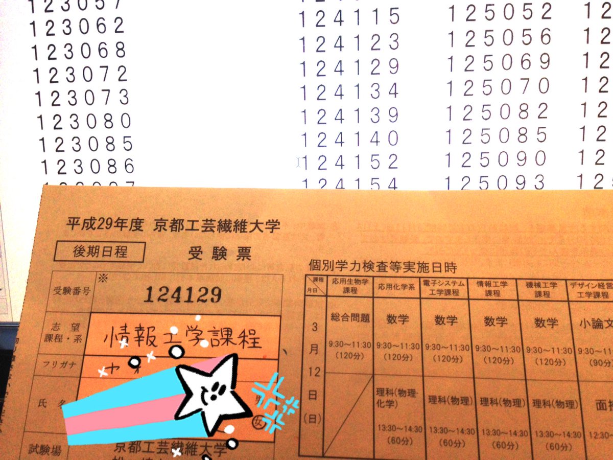 えーみーる 後期で受かったーーっ 春から京都工芸繊維大学情報工学科ですっ 神大なめた受けたけど ちゃんと自分の力を出しきろって受けて受かったから嬉しい 後期で滑り込めたし 京大勢にある意味勝ったのが嬉しい 春から京工繊 春から京都工芸