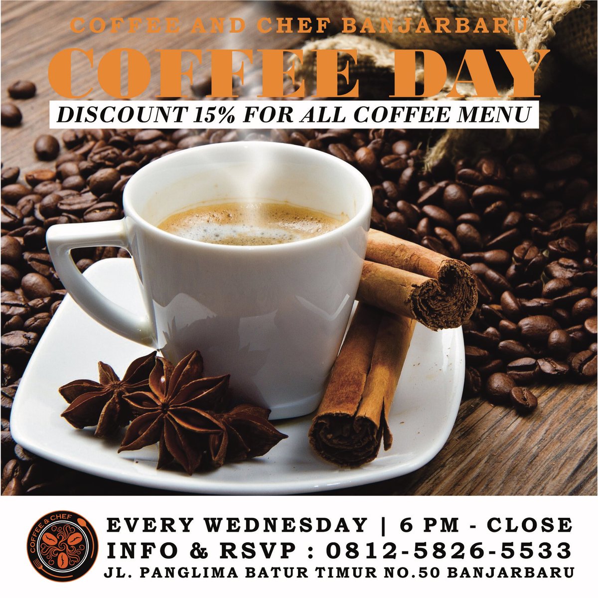 Untuk kalian yg suka banget sama kopi ayo datang ke Coffe And Chef Banjarbaru hari ini kita lagi ada diskon 20% untuk semua menu kopi loh 😀