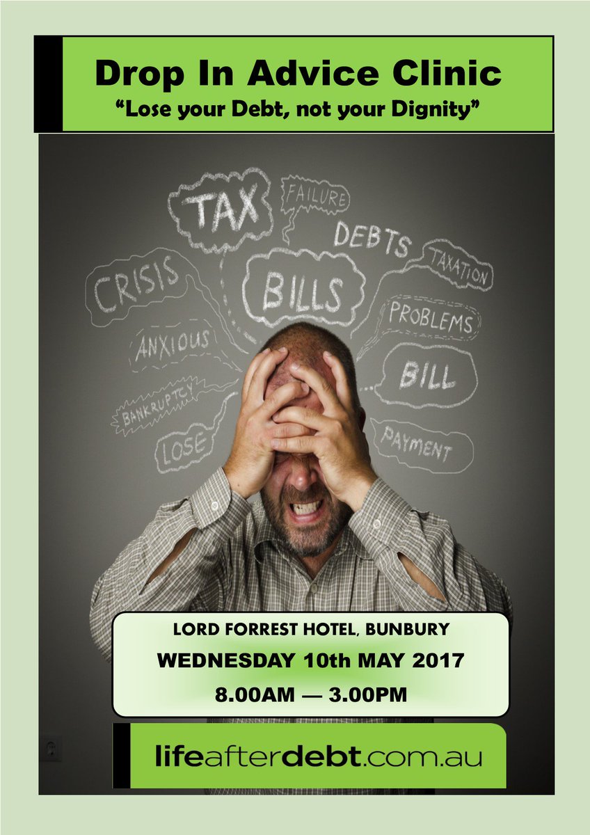 LifeAfterDebtAU's tweet photo. Free Debt Advice Clinic - Wed 10/5/17 8am - 3pm  @lordforresthotel Bunbury, WA #bunburydebtadviceclinic #dropin #perth #bunbury https://t.co/kAKvla09Fy