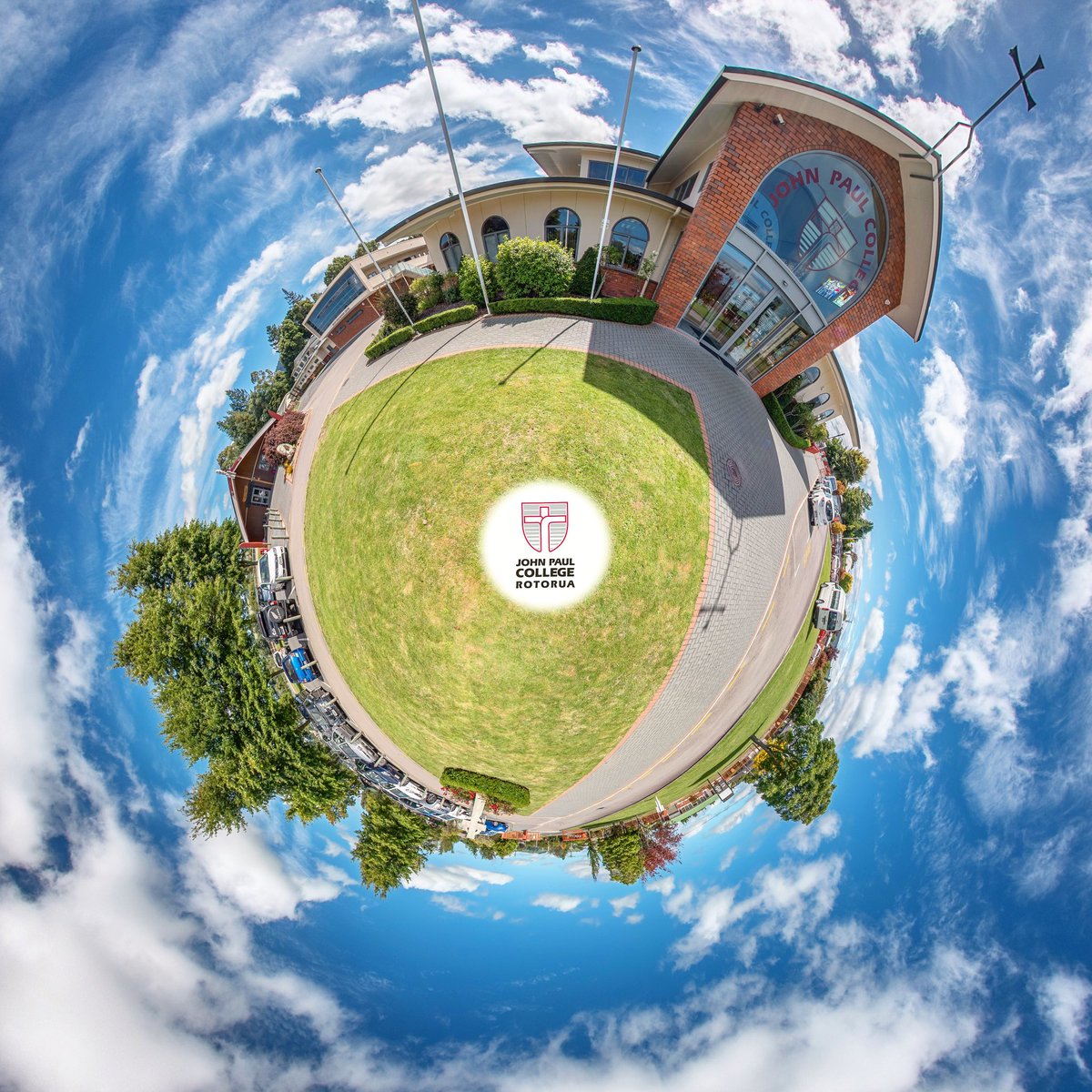 Tiny Planet outside John Paul College in @rotoruaNZ. View the 360° interactive virtual tour here: phototour.co.nz/panos/jpc