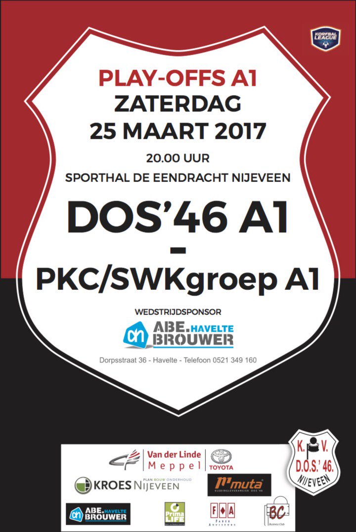 Om 20:00 uur speelt DOS’46 A1 thuis tegen <a href="/PKCKorfbal/">PKC-Korfbal</a> A1 voor een plek in de finale! Dit wilt u niet missen!