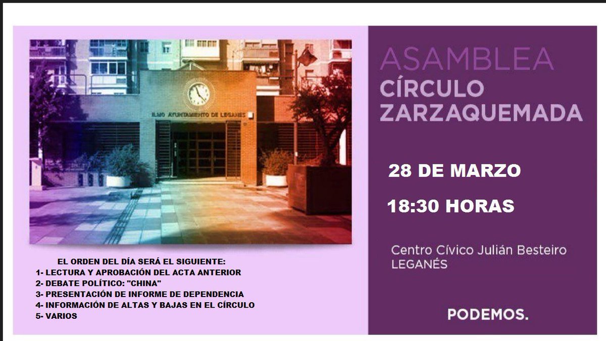 PodLegaZarza's tweet photo. Próxima asamblea del círculo de Zarzaquemada, 28 de Marzo a las 18:30, en el C.C. Julián Besteiro https://t.co/GHgZDABKpd