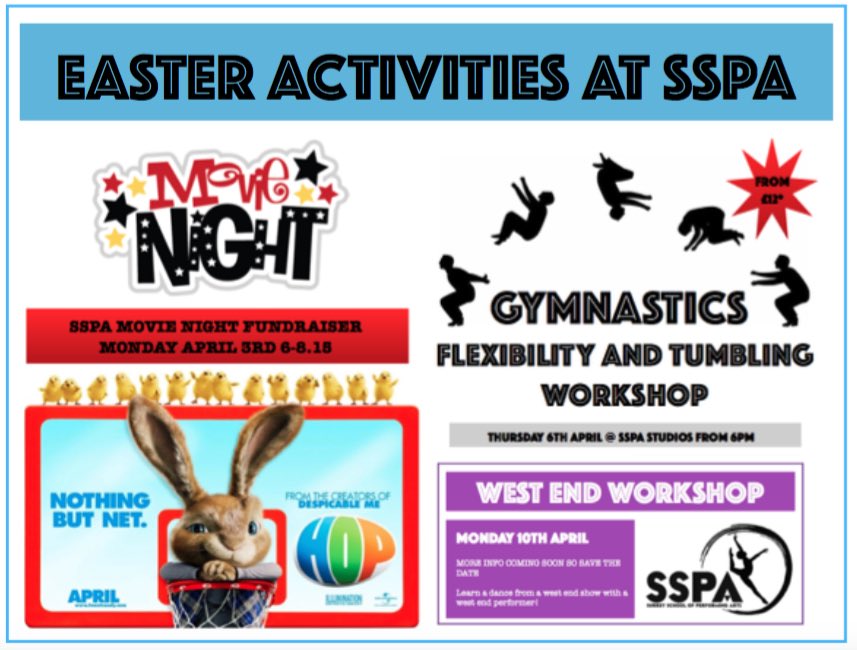 SSPA_STUDIOS's tweet photo. Exciting Easter Activities at SSPA!!! Don't be bored and book your place! #westend #dance #gymnastics #tumbling #movienight #hop #easter https://t.co/WbPOwlHNzU