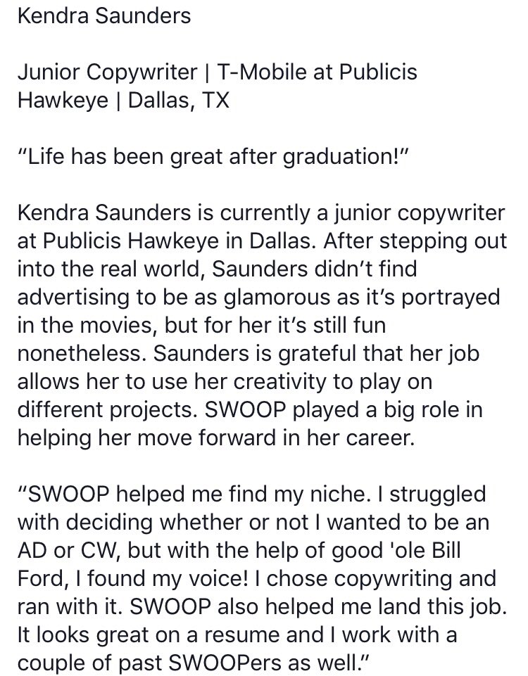 SWOOPagency's tweet photo. #SWOOPAgency Alumni update! We love hearing from past swoopers like Kendra Saunders https://t.co/sbPbnuaw0s