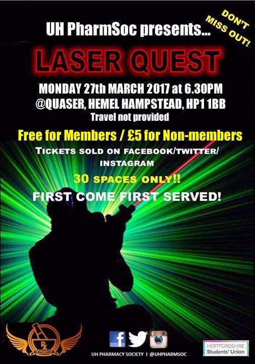 UHPharmSoc's tweet photo. #LASERQUEST#QUASER#FREEEEEEEEEEEEE(FOR MEMBERS)#£5NON-MEMBERS! DON'T MISS OUT! BOOKING DETAILS OUT SOON! https://t.co/b2eiRzBZKI