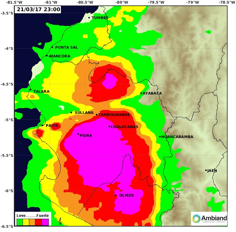 hombredeltiempo's tweet photo. 5:00AM La mayor tormenta de todo el Fenómeno continúa sobre toda el área de las regiones #Piura y #Tumbes al amanecer https://t.co/ixJx8wg7M9