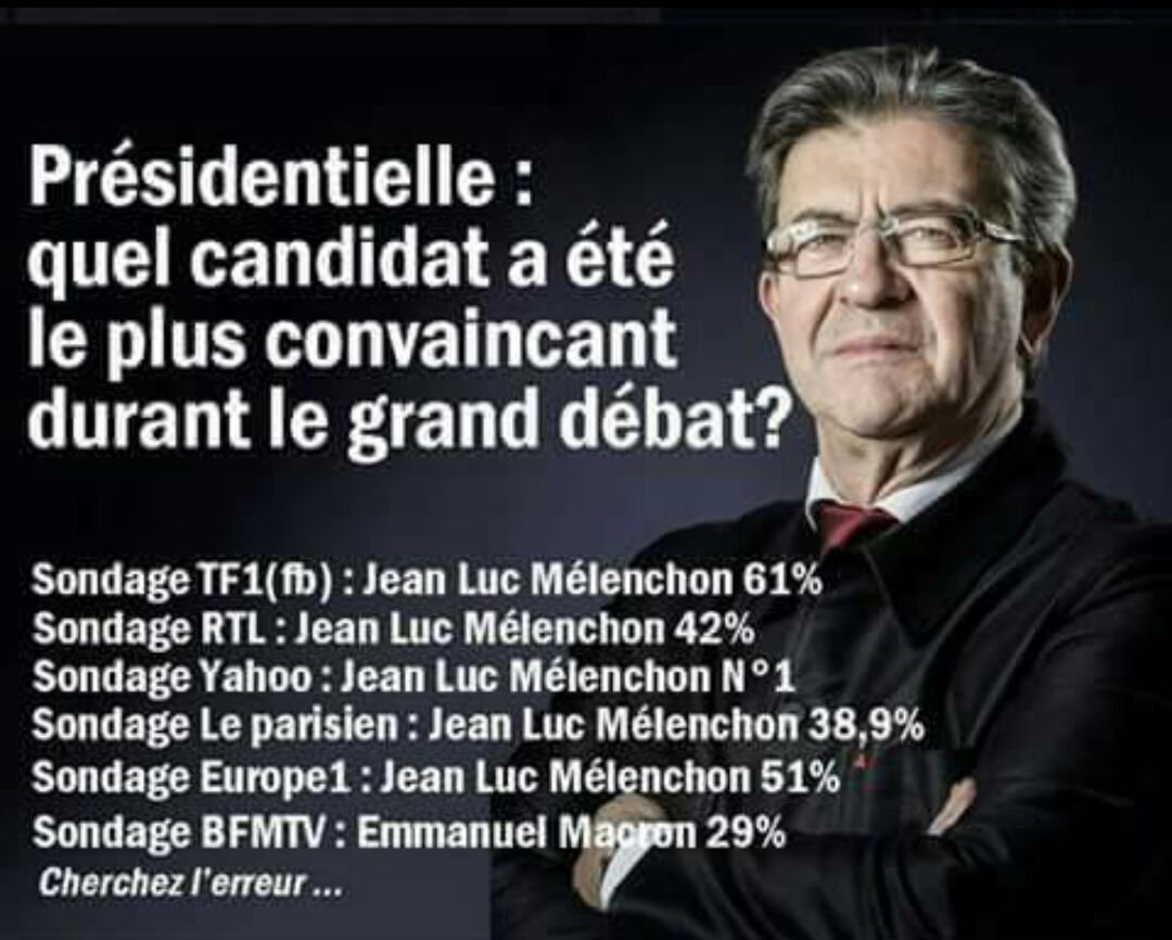 Chercher l'erreur ! 😂😂😂

#BFMacron #Macron #politique #GGRMC #BourdinDirect #DebatTF1 #Presidentielle2017 #Melenchon #MELENCHON2017