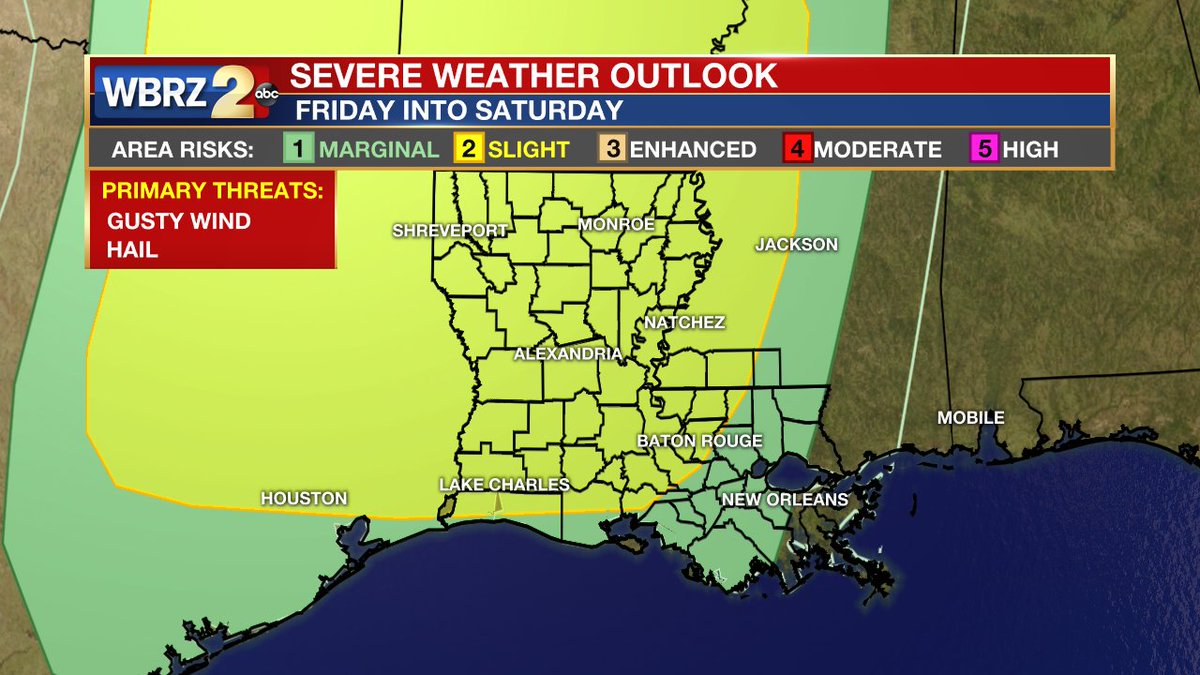 DrJoshWX's tweet photo. There is a possibility of severe weather Friday Night into Saturday Morning. Live, with details on #2uneIn @WBRZ... https://t.co/5tDr2dQkYG