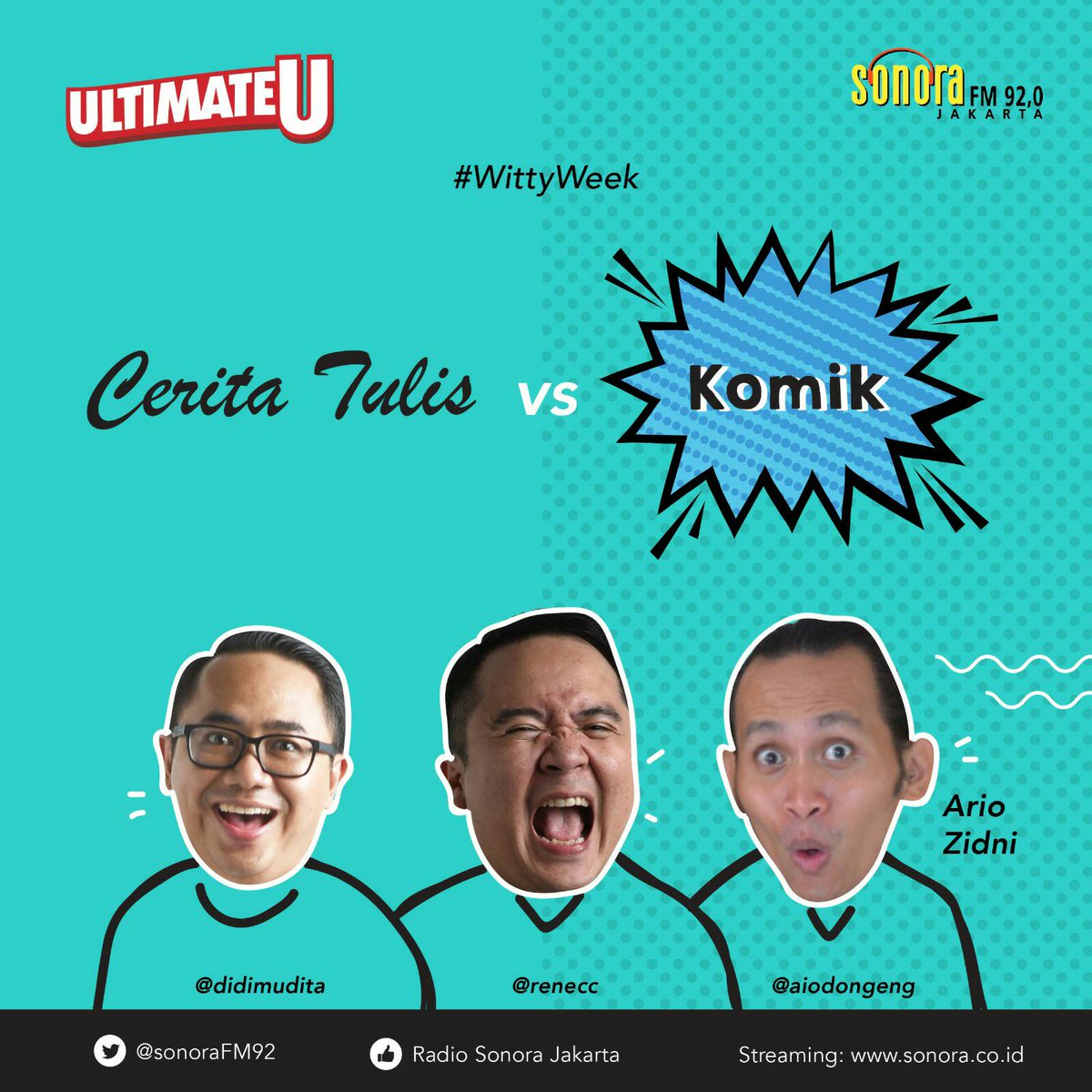 1jam Lagi ya..dengerin Obrolan Seru #UltimateUFun #WityWeek
brg <a href="/ReneCC/">Rene Suhardono</a> <a href="/didimudita/">Didi Mudita</a> <a href="/aiodongeng/">aiodongeng</a> 
Jam 7-8PM di #SonoraNetwork