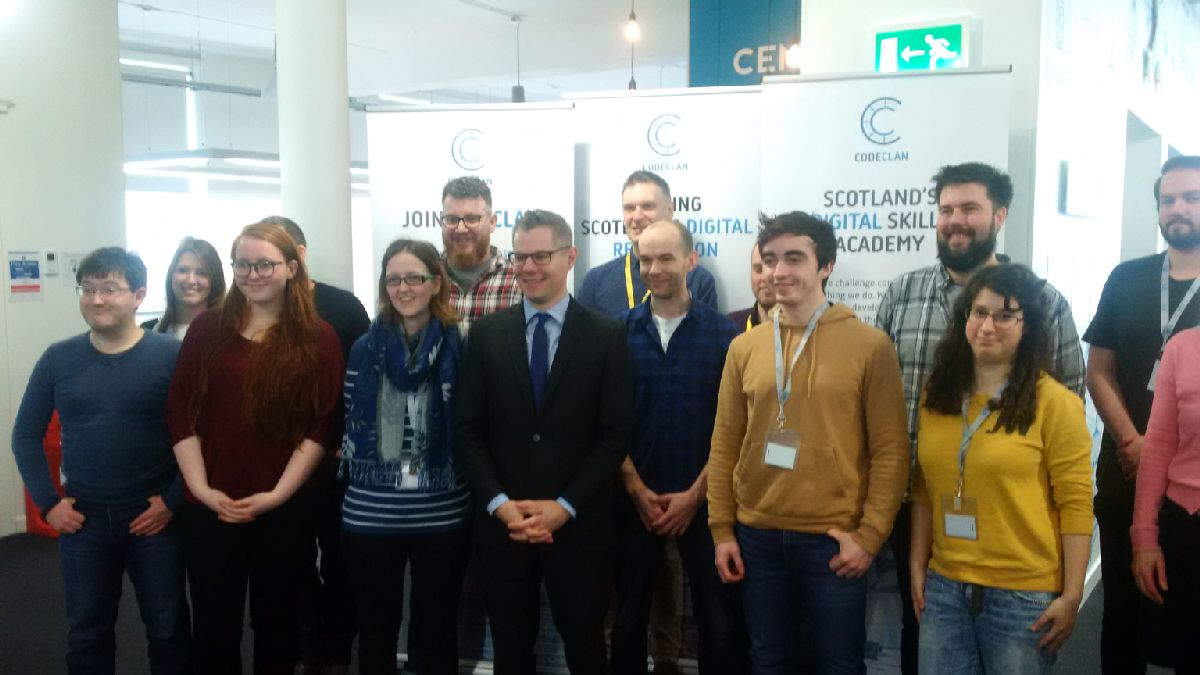scotgoveconomy's tweet photo. Cab Sec @DerekMackaySNP meets @CodeClanScot students while launching digital strategy this AM @digitalscots #digiscot https://t.co/4FHmQvLrzc