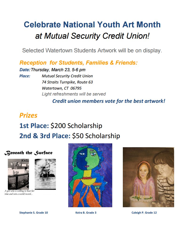 Come celebrate National Art Month with art show @ Mutual Security Credit Union, vote for students to win scholarships! Thursday night, 5-6
