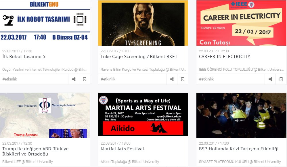 Bilkent'te bugün yazılımdan sinemaya, siyasetten spora, elektrikten münazaraya çeşitli etkinliklerin ayrıntıları seruvent.com'da