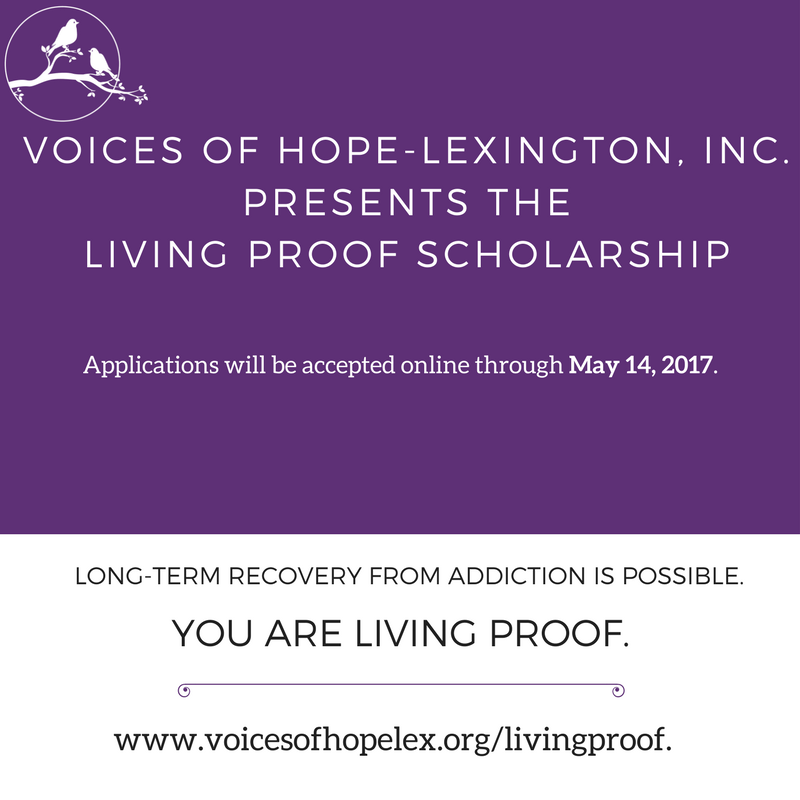 VoicesOfHopeLex's tweet photo. The deadline for the Living Proof Scholarship is May 14th! Be sure to apply as soon as possible. https://t.co/Q3VXIBptUm #LivingProofLex https://t.co/42EW1RFQez