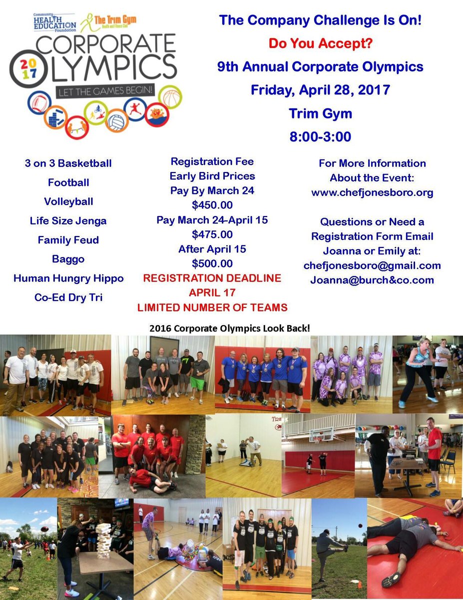 CHEFJONESBORO's tweet photo. 🚨ANNOUNCEMENT🚨

It's time for #corporateolympics! 

Visit https://t.co/lPJxvVEpIz for additional information. https://t.co/5Q8SrkLwUc