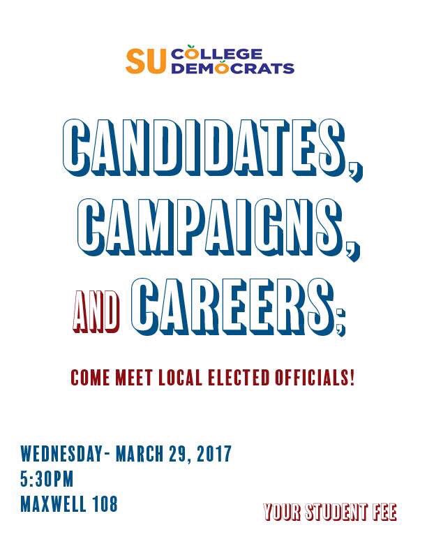 Join the College Dems for a night of speed dating with your local elected and public officials! Refreshments will be served!
