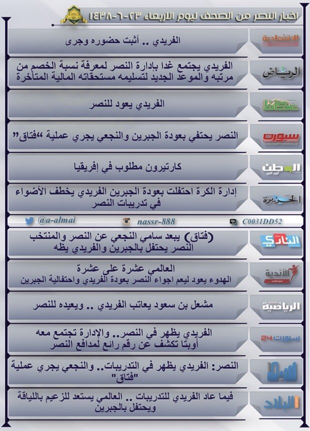 ※-*UA* ..اخبار.العالمي.ﻣن.اﻟصحف.  
🗓- الاربعاء  23 / 6 / 1438.هـ 
اللهم صل وسلم على نبينا محمد ﷺ

#النصر