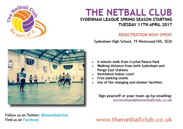 thenetballclub's tweet photo. TNC Sydenham spring season registration now OPEN!
Registration Deadline - 5th April #netball #londonnetball #thisgirlcan https://t.co/3dDaWO7Jaa