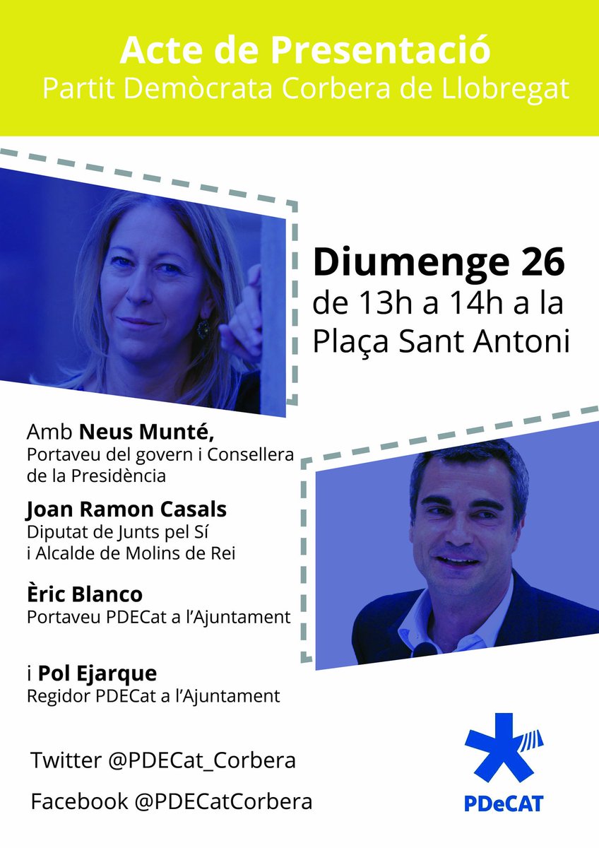 PDECat_Corbera's tweet photo. Recordeu que diumenge teniu una cita amb el @PDECat_Corbera i @neusmunte , @jrcasals, @EricBM_Corb  i @Pol_cat https://t.co/5EeYF1ilt2