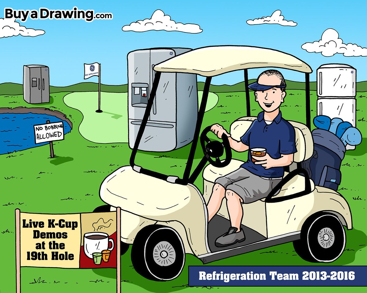 Custom drawings make great going-away presents...like this cartoon drawing done as a going-away gift for a GE Appliance employee.